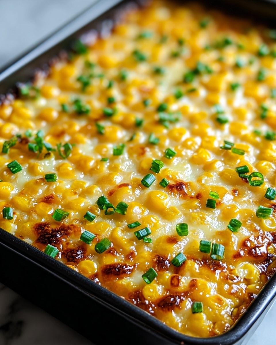 A close-up view of a single-layer creamy corn dish in a black rectangular tray. The top layer is golden yellow corn kernels mixed with melted cheese that has browned spots, showing a slightly crispy texture. Scattered bright green chopped chives add a fresh color contrast across the surface. The dish rests on a white marbled texture with soft natural lighting highlighting the glossy, melted topping. Photo taken with an iphone --ar 4:5 --v 7