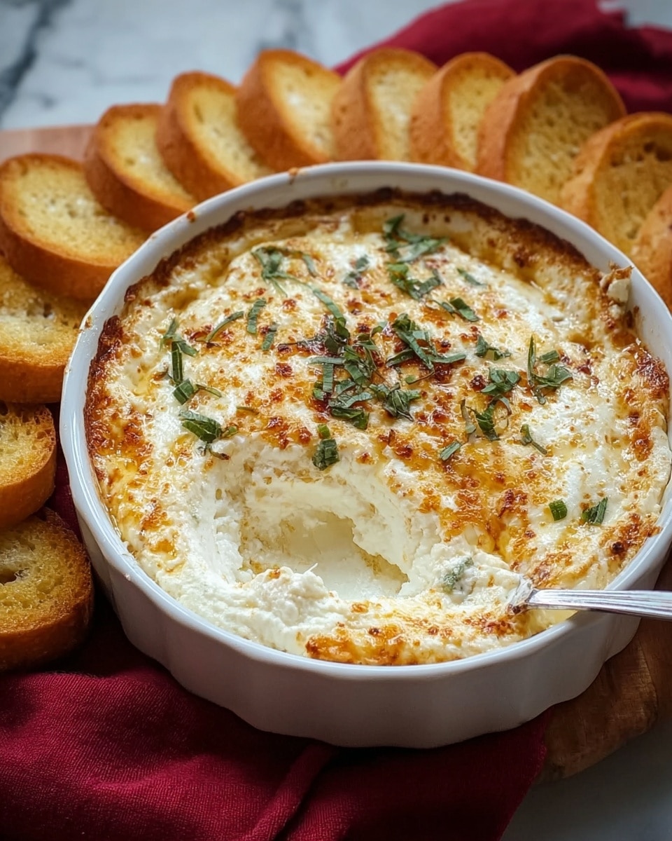 A round white ceramic dish filled with a creamy white baked cheese mix, topped with golden-brown spots and small green herb pieces scattered on top. The cheese has a soft, slightly melted texture with a small scoop taken out showing smooth layers beneath the surface. Around the dish, there are thin, toast slices arranged neatly, each golden brown with a crisp texture. The dish sits on a white marbled surface with a red cloth partially under the dish. Photo taken with an iphone --ar 4:5 --v 7
