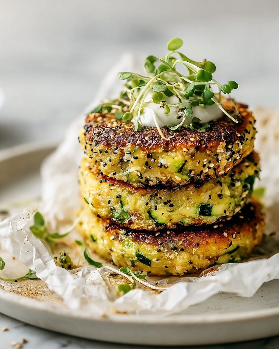 A stack of three thick, golden brown patties with a crispy, textured surface speckled with black and white seeds sits on crumpled white parchment paper covering a white plate. The patties have green flecks throughout, showing bits of vegetables, likely zucchini. On top, there is a small dollop of white creamy sauce, topped with fresh green microgreens. Some seeds and tiny greens are scattered around the plate. The background is a soft blur with a white marbled texture surface underneath. photo taken with an iphone --ar 4:5 --v 7