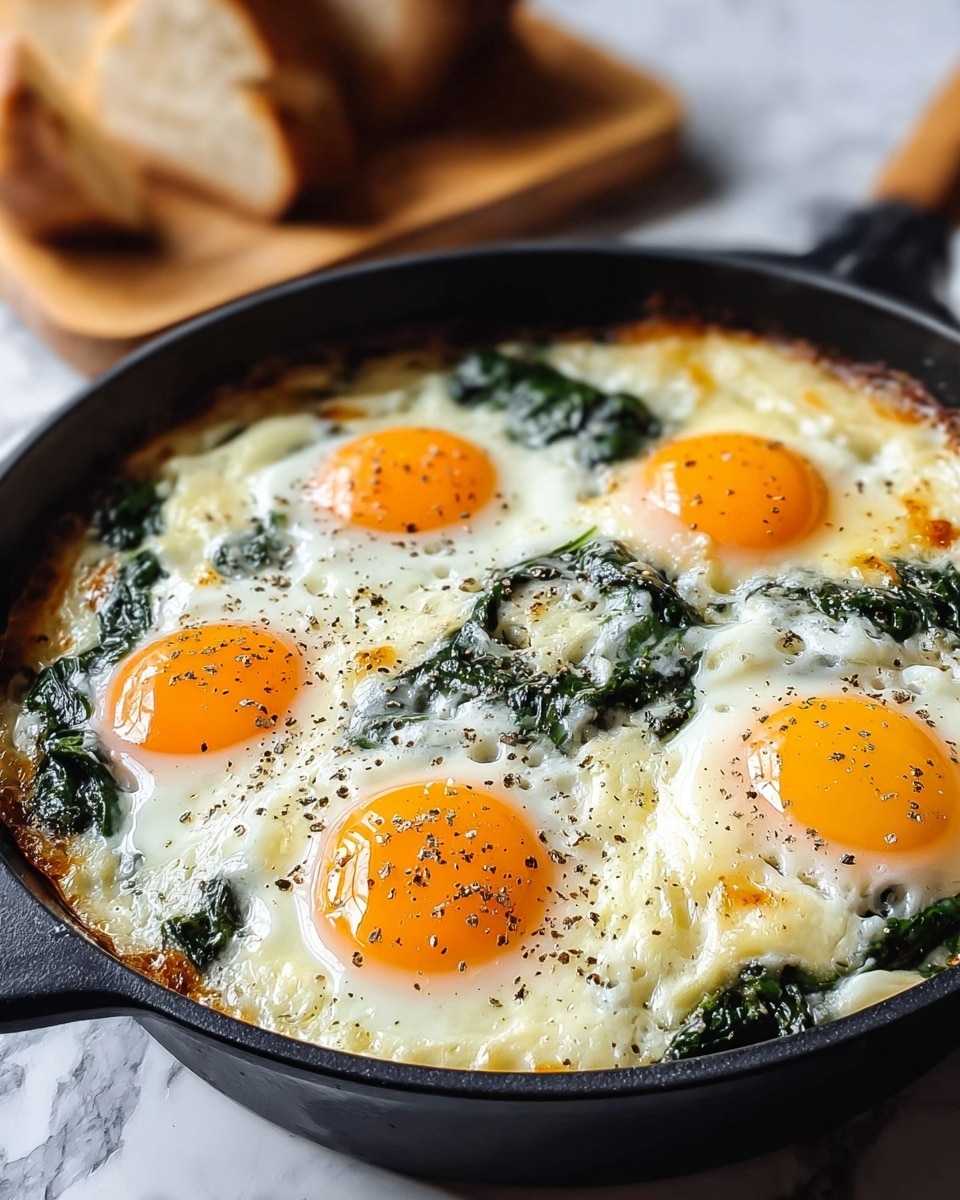 A black skillet holds a dish with five sunny-side-up eggs, their bright orange yolks shining on top. Under the eggs, melted white cheese forms a bubbly layer that lightly covers the green cooked spinach leaves scattered throughout. The edges of the cheese are golden and slightly crispy. The skillet is set on a white marbled surface, with a blurred wooden board and bread in the background. The eggs are sprinkled with black pepper for extra texture and color. photo taken with an iphone --ar 4:5 --v 7