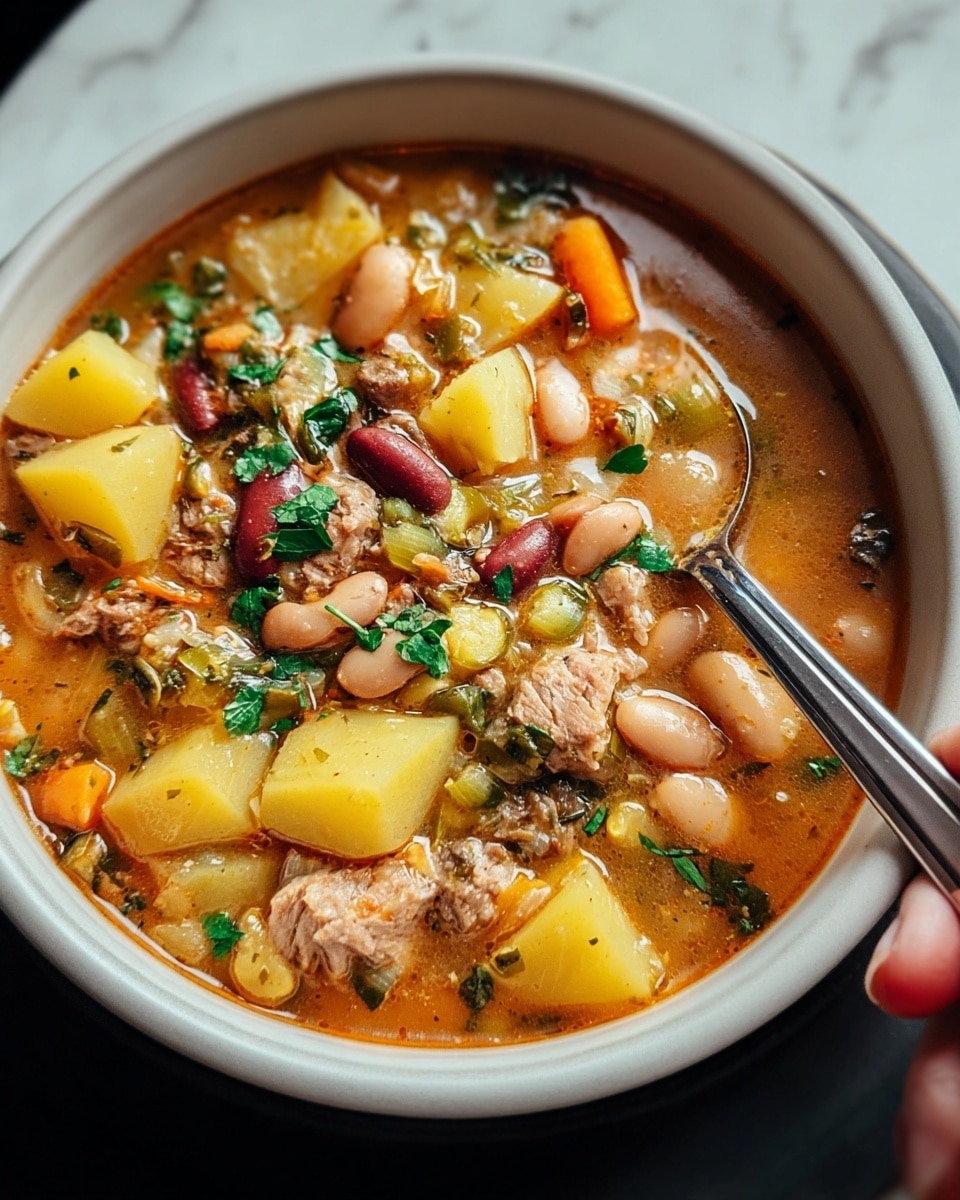 A close-up image of a white bowl filled with a colorful stew that has three main layers visible: the top layer shows chunks of yellow potatoes, small pieces of meat, and bright red and white beans mixed with chopped fresh green herbs. The middle layer is a rich, orange-brown broth with small bits of vegetables like carrots and celery. The bottom layer consists of more stew ingredients submerged in the liquid, creating a thick and hearty look. A silver spoon is resting inside the bowl, with a woman's hand gently holding it from the side. The bowl is placed on a white marbled surface. Photo taken with an iphone --ar 4:5 --v 7