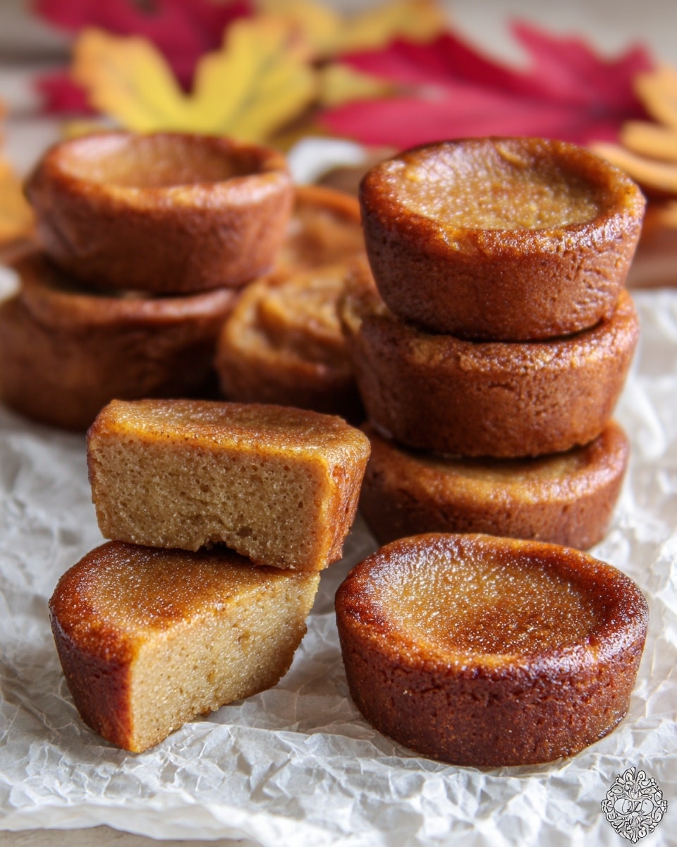 The image shows several small, round, brown cakes with a slightly glossy and textured surface, arranged in two tall stacks and a few placed flat on crinkled white parchment paper. Each cake has a golden-brown outer crust with a slightly darker edge, and a lighter brown, smooth, dense interior that appears moist and soft. One cake is cut in half to reveal its thick, even, single layer inside. The background includes soft-focus autumn leaves in red and yellow hues on a white marbled surface. Photo taken with an iphone --ar 4:5 --v 7