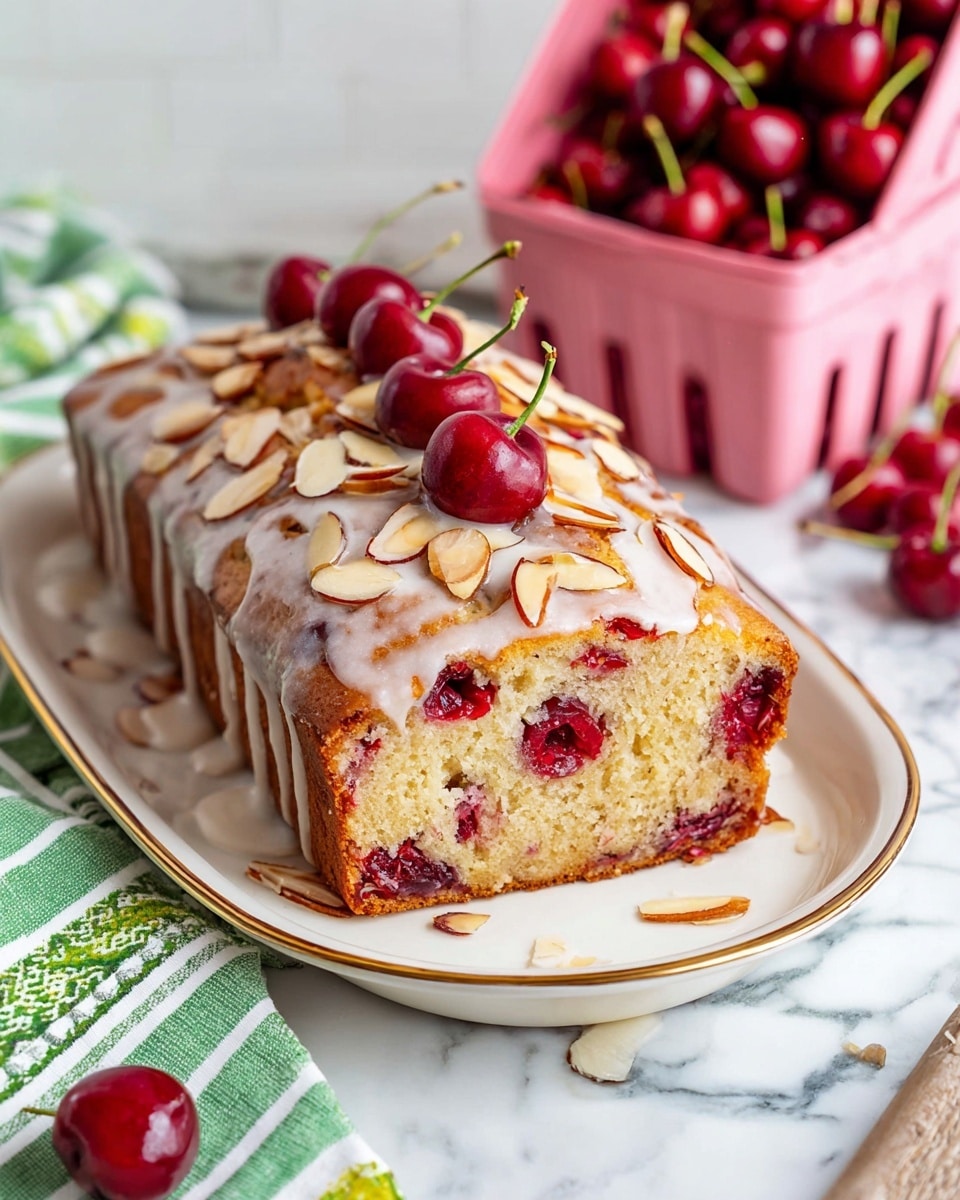 A loaf cake sits on a white oval plate with a gold rim, placed on a white marbled surface. The cake has a golden-brown crust and is drizzled with white icing that runs down the sides. Inside, the cake is pale yellow with scattered red cherry pieces visible throughout. The top is decorated with halved fresh cherries and light brown sliced almonds, adding texture and color. In the background, there is a pink container tipped over with fresh cherries spilling out, and a green and white striped cloth is next to the plate. photo taken with an iphone --ar 4:5 --v 7