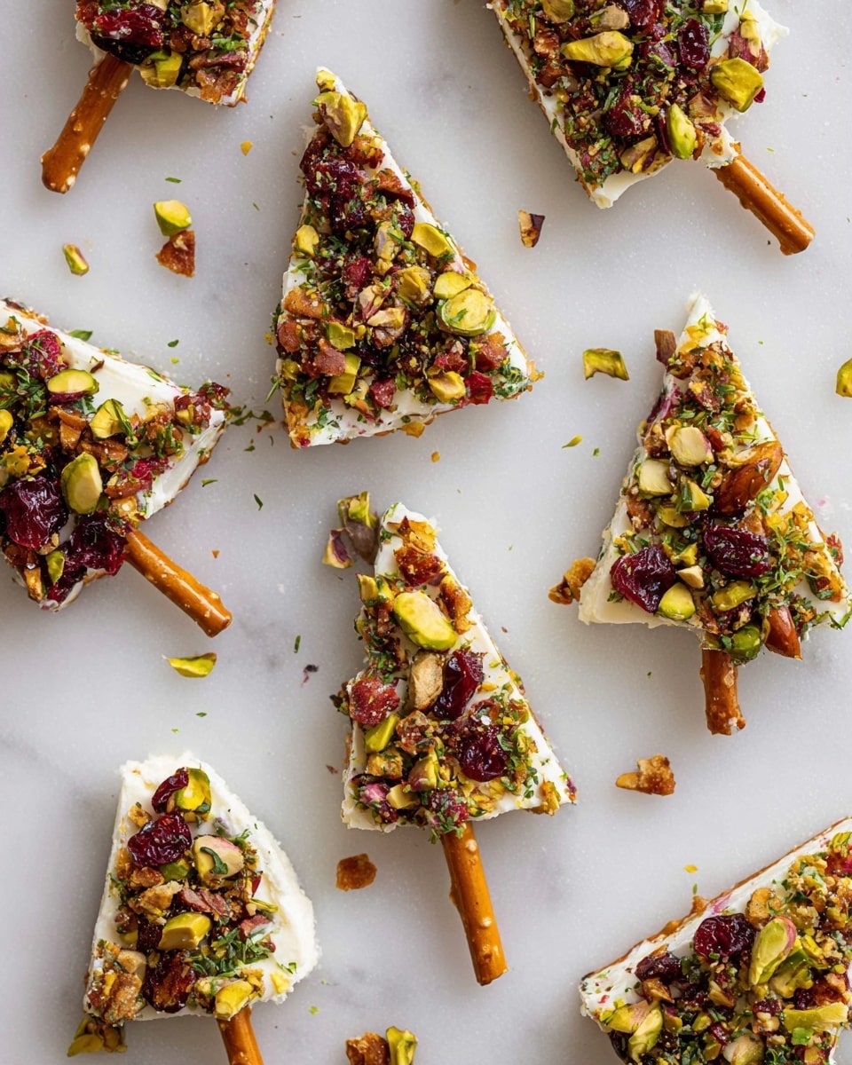 The image shows several triangular-shaped white creamy treats placed on a white marbled surface, each piece topped densely with a colorful mix of chopped green pistachios, red cranberries, brown nuts, and green herbs, giving a textured, crunchy look. Each triangle has a pretzel stick inserted at the base center, resembling a trunk, making the treats look like small Christmas trees. The white layer is smooth and thick, serving as the base for the vibrant toppings that cover the entire top surface. The pieces are spread out evenly, with some small bits of nuts and herbs scattered around. photo taken with an iphone --ar 4:5 --v 7