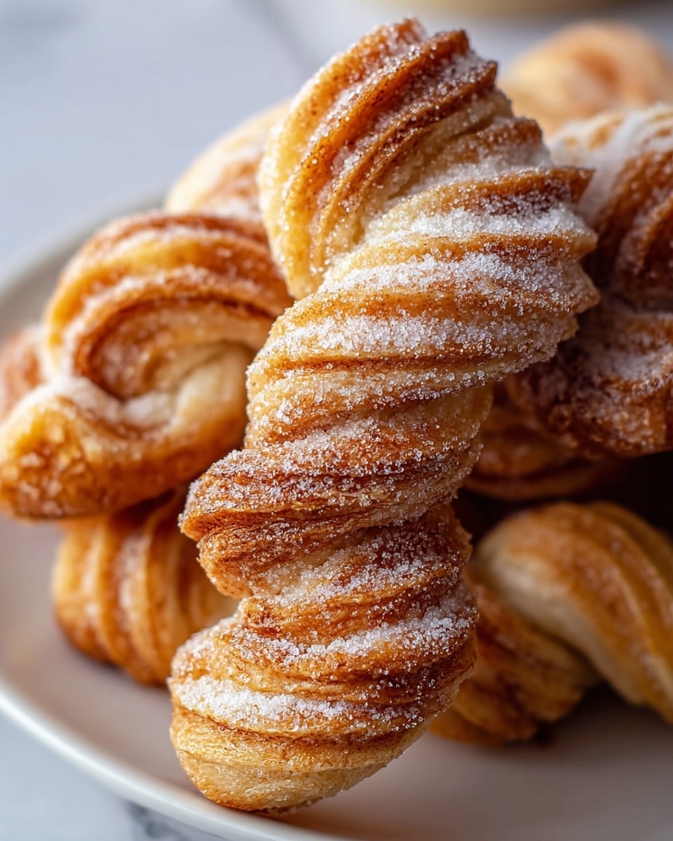 A close-up of several twisted pastries stacked together on a white plate, showing multiple layers of flaky, golden-brown dough with a textured surface dusted with white powdered sugar and light brown cinnamon. The twists have ridged patterns from the dough layers, with highlights of soft cream and darker caramelized spots, creating a contrast between crisp and soft parts. The background is softly blurred with a white marbled texture, drawing attention to the pastries' crunchy details and inviting warm tones. photo taken with an iphone --ar 4:5 --v 7