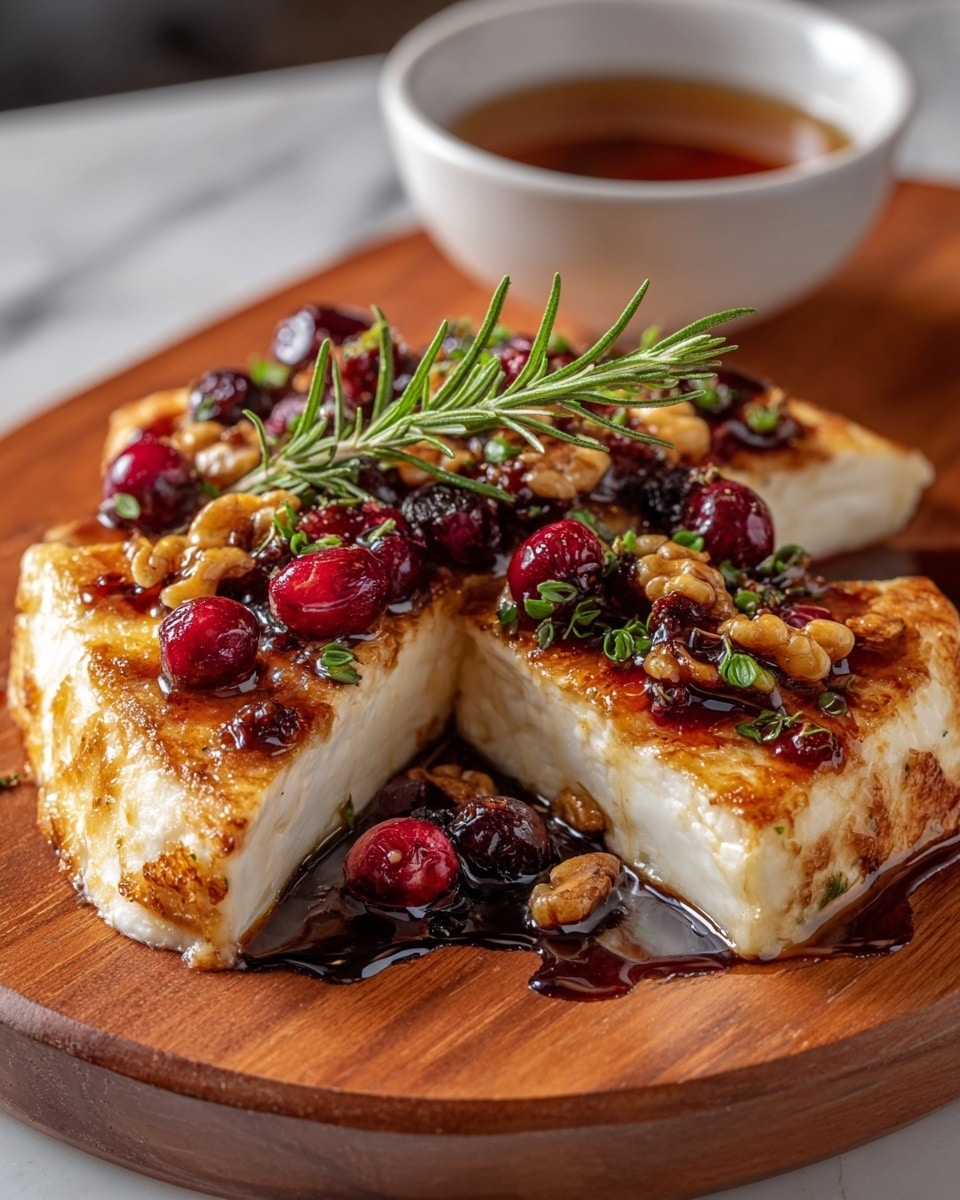 A grilled cheese block cut into two thick triangular slices lies on a wooden board, showing a white, soft inside with a golden-brown crispy top layer. It is topped with bright red cranberries, golden walnut pieces, and small green herb leaves, with a sprig of fresh rosemary resting on top. Small droplets of dark syrup glaze the cheese and some syrup pools on the wooden board. In the background, a white bowl inside a white marbled surface holds a brown liquid, slightly out of focus. Photo taken with an iphone --ar 4:5 --v 7