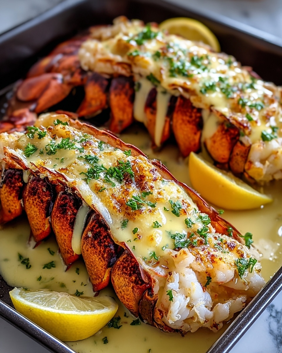 Two cooked lobster tails rest side by side in a black baking pan on a white marbled surface. Each lobster tail is split and filled with white, tender lobster meat, topped with a creamy, yellow-butter sauce speckled with green parsley and tiny bits of crispy brown seasoning. Lemon wedges are placed around the lobsters, adding a bright yellow contrast. The lobster shells have a deep orange-red color with charred black grill marks. The sauce pools around the base of the tails, reflecting light with a rich shine. Photo taken with an iphone --ar 4:5 --v 7