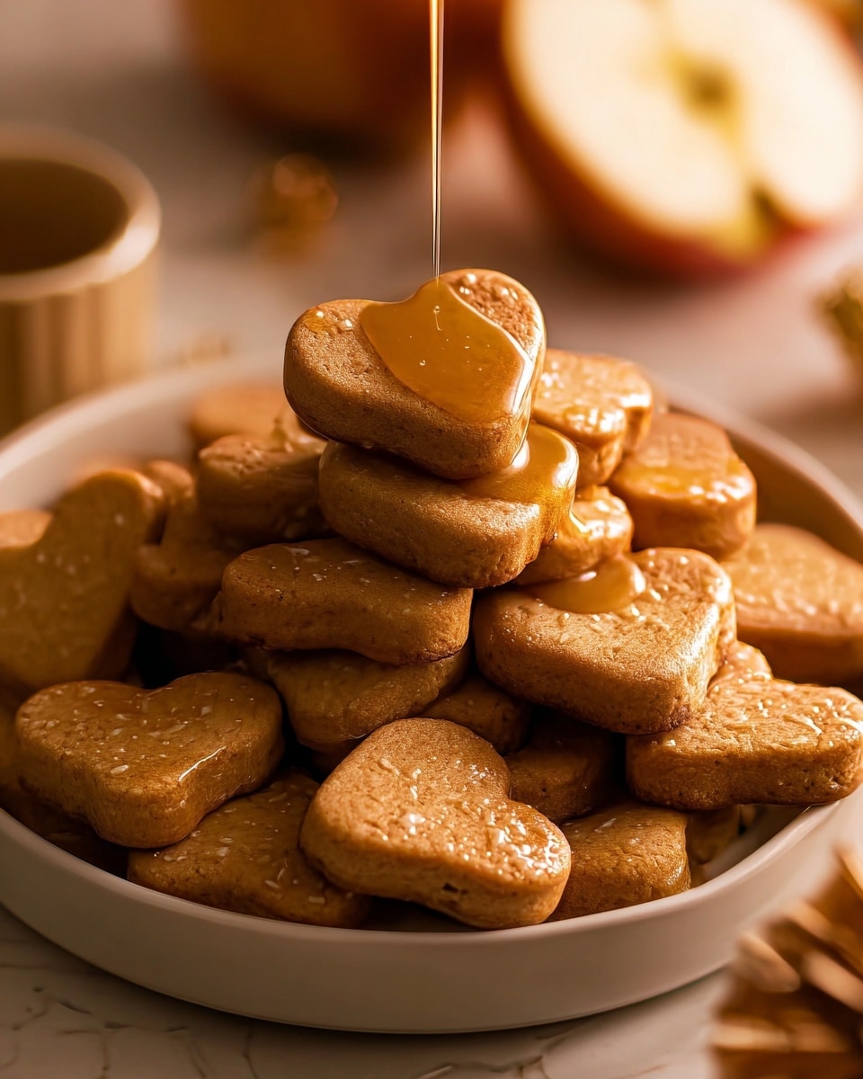 A close-up view of a white bowl filled with multiple small, heart-shaped cookies stacked in several layers, each cookie having a golden brown color with a slightly rough texture. The very top cookies are being drizzled with a glossy, caramel-colored syrup that glistens under the light, adding shine to the warm tones of the cookies. The background shows a white marbled surface with softly blurred elements like a halved apple and a small container, creating a cozy, warm atmosphere. Photo taken with an iphone --ar 4:5 --v 7