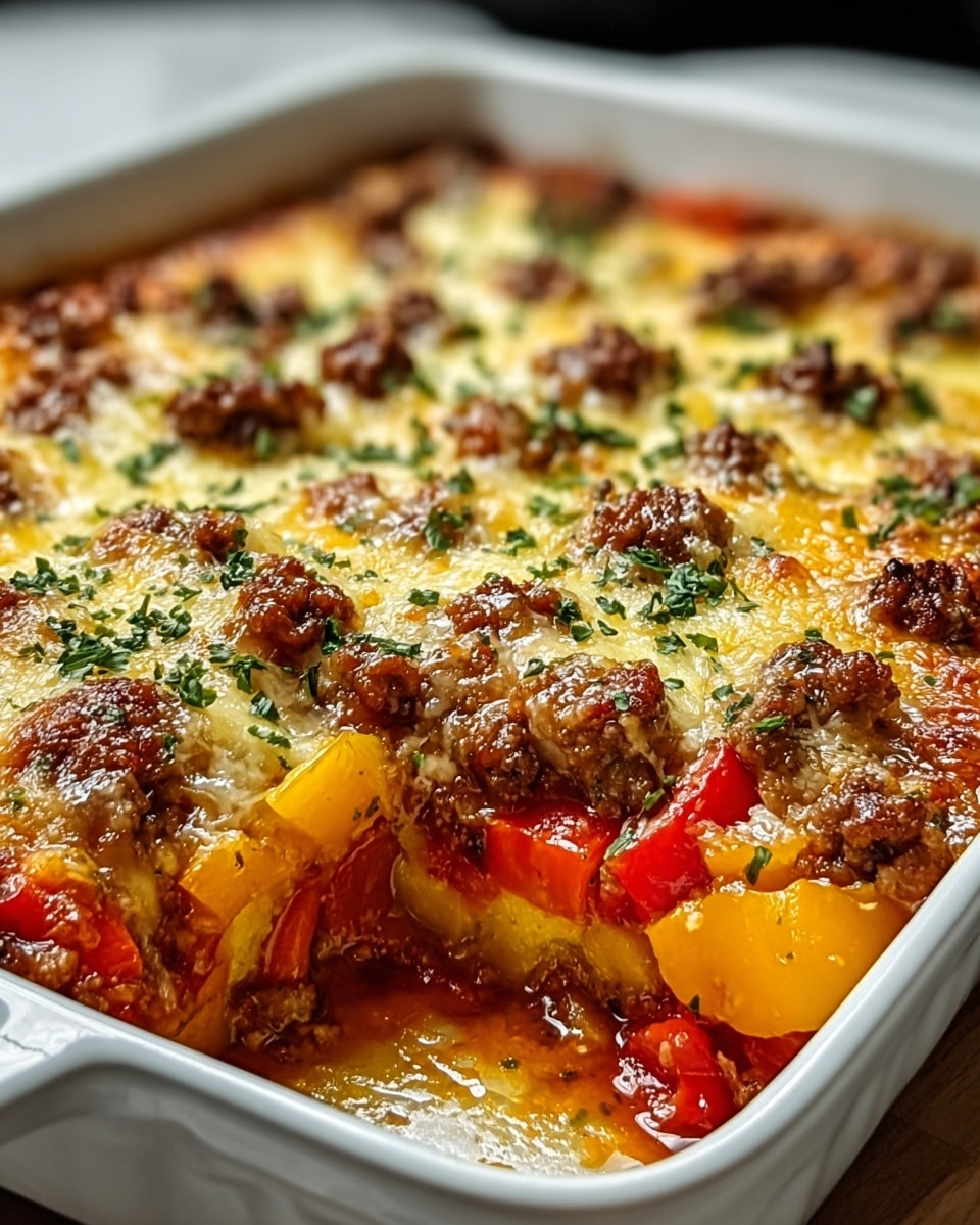 The image shows a casserole dish with three visible layers. The bottom layer is a mix of chunky cooked yellow and red bell peppers, giving a bright red and yellow base with a soft texture. The middle layer contains browned ground meat pieces, scattered evenly and slightly crispy on the edges and blended with some melted cheese that looks creamy and elastic in light yellow. The top layer is melted cheese with a golden-brown crust and sprinkled green herbs that add freshness and color contrast. The dish is held in a white oven dish sitting on a white marbled surface, with a cozy, warm baked look. photo taken with an iphone --ar 4:5 --v 7