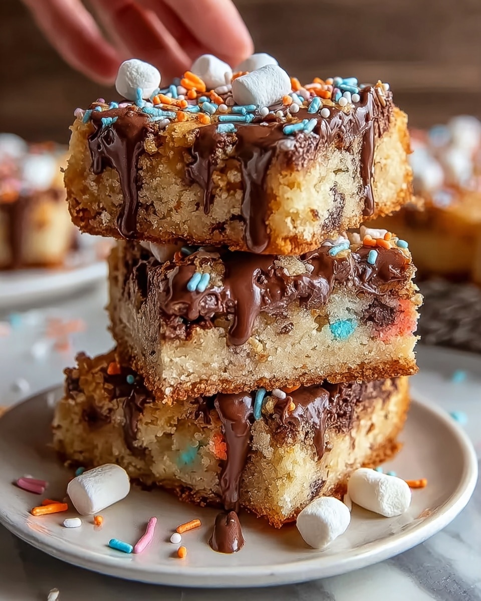 A stack of three thick, soft blondie squares sits centered on a white plate with a white marbled surface beneath. Each blondie layer is light golden with a slightly crumbly texture, dotted with small colorful sprinkles inside. Chocolate sauce drips generously over and between the layers, creating shiny dark brown streams. The top blondie is decorated with tiny white, orange, and blue sprinkles and a few small white marshmallows, adding playful texture. The sprinkles also scatter around the base of the plate. A blurred background shows a woman's hand reaching from behind the stack, ready to grab a blondie. photo taken with an iphone --ar 4:5 --v 7