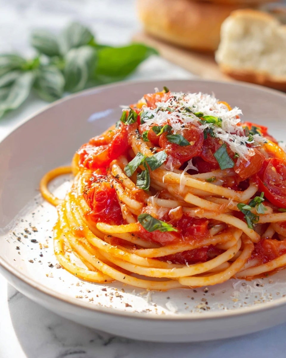 A white plate holds a single layer of spaghetti coated in bright red tomato sauce with chunks of tomatoes scattered throughout. The spaghetti noodles are thick and twisted, partially covered by finely grated white cheese sprinkled evenly on top. Small green basil pieces are mixed within the pasta, adding spots of color. A silver fork is twirling a small bundle of noodles on the right side of the plate. The background is a white marbled texture. photo taken with an iphone --ar 4:5 --v 7