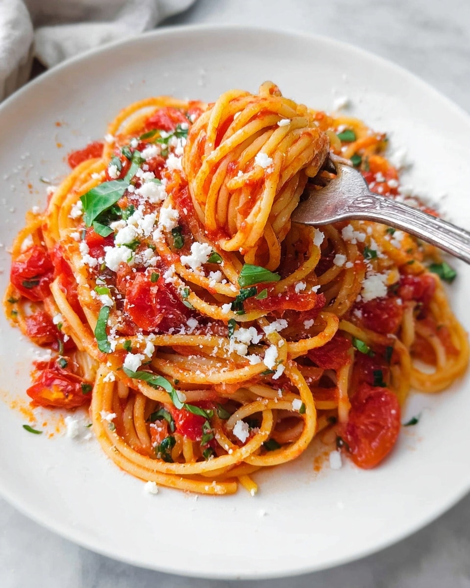 A white plate holds a neat, round nest of spaghetti noodles coated in a bright red tomato sauce with chunks of tomatoes and scattered green basil leaves on top. Shredded white cheese is sprinkled over the spaghetti, adding texture with its fine, fluffy appearance. Black pepper bits are lightly scattered over the plate. In the blurred background, pieces of crusty bread and some green basil leaves rest on a white marbled surface. The lighting is bright and natural, highlighting the fresh colors and textures of the dish. photo taken with an iphone --ar 4:5 --v 7
