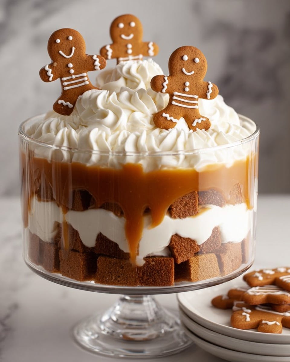 The dessert is shown in a clear glass trifle bowl with three visible layers. The bottom layer is made of small brown cake cubes. On top of that is a thick, glossy caramel layer with a smooth texture. Above the caramel is a white creamy layer, soft and fluffy. These three layers repeat again with the cake cubes, caramel, and cream. The trifle is topped with a large swirl of white cream. Two gingerbread cookies shaped like people stand upright in the cream, decorated with white icing for eyes, mouth, and stripes on their arms. The background is a white marbled texture. On a white plate in the background, two more gingerbread cookies lie flat. Photo taken with an iphone --ar 4:5 --v 7