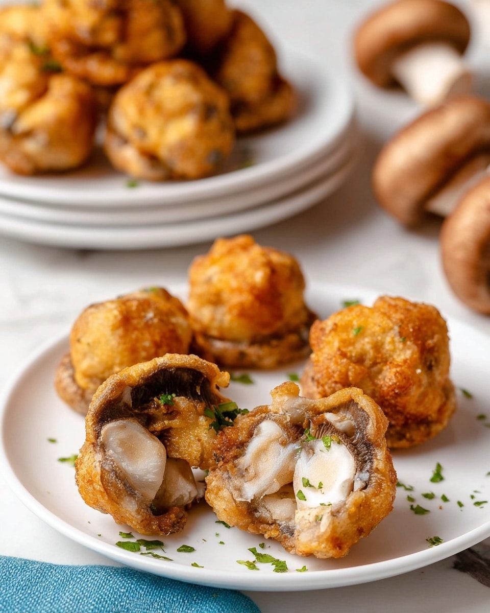 The close-up image shows several pieces of golden brown fried mushrooms on a white plate with a few small green herb sprinkles. One mushroom is cut in half, revealing its white and light brown interior with a smooth texture under a crispy, uneven, golden coating. The plate is placed on a white marbled surface with more fried mushrooms on stacked white plates and some whole fresh brown mushrooms in the background, all softly lit with a gentle focus that highlights the crispy texture and warmth of the fried mushrooms. photo taken with an iphone --ar 4:5 --v 7