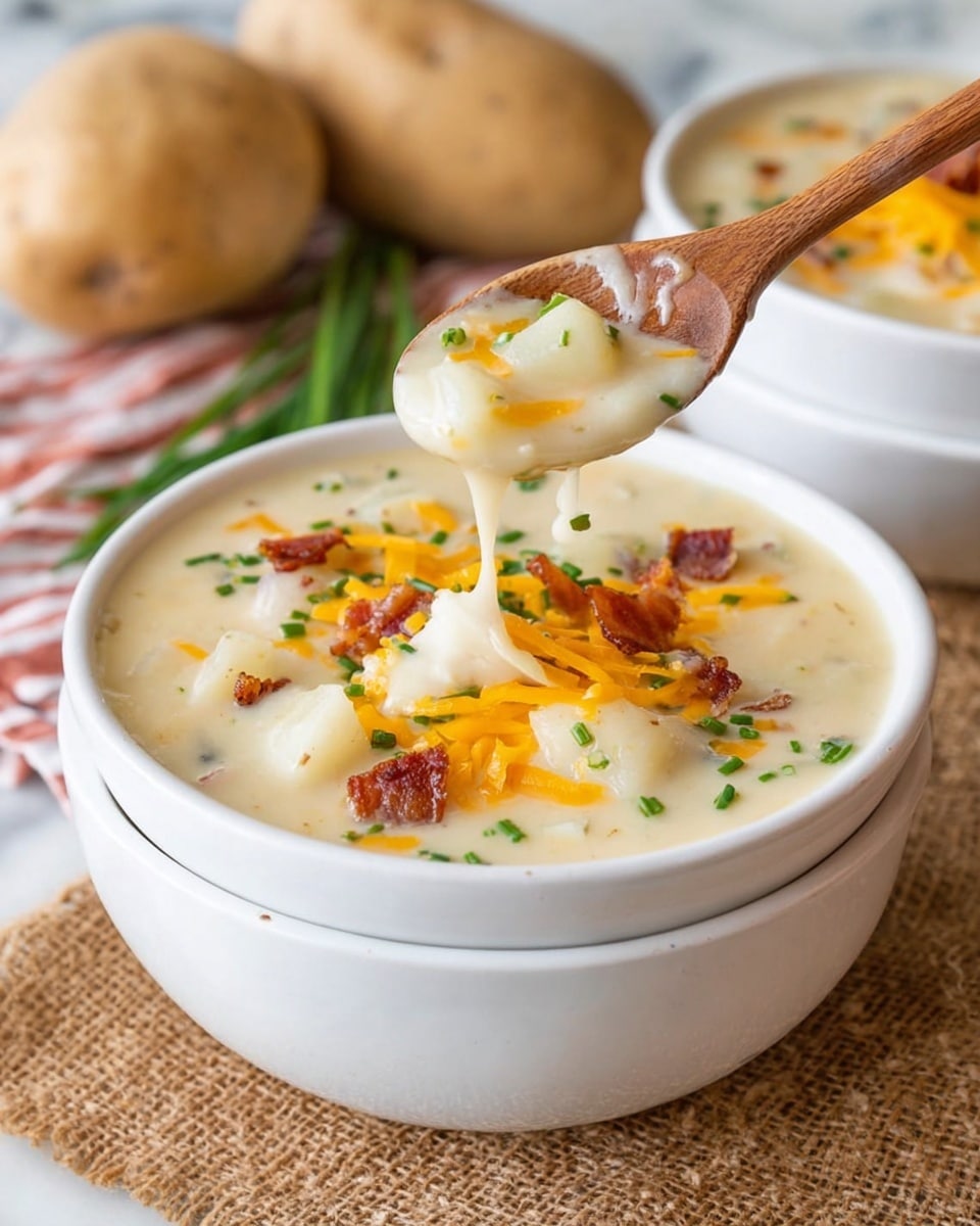 A creamy potato soup is shown in a white bowl stacked on another similar white bowl. The soup has four key layers visible: a base of thick light cream-colored soup with smooth texture, chunks of white potatoes floating in it, some shredded orange cheddar cheese melting and mixing into the soup, and finally small bits of crispy brown bacon and bright green chopped chives sprinkled on top. A wooden spoon lifted above the bowl has a small amount of the thick soup dripping slowly back into the bowl. The bowl is placed on a woven tan mat with two large whole potatoes blurred in the background on a white marbled surface. Photo taken with an iphone --ar 4:5 --v 7