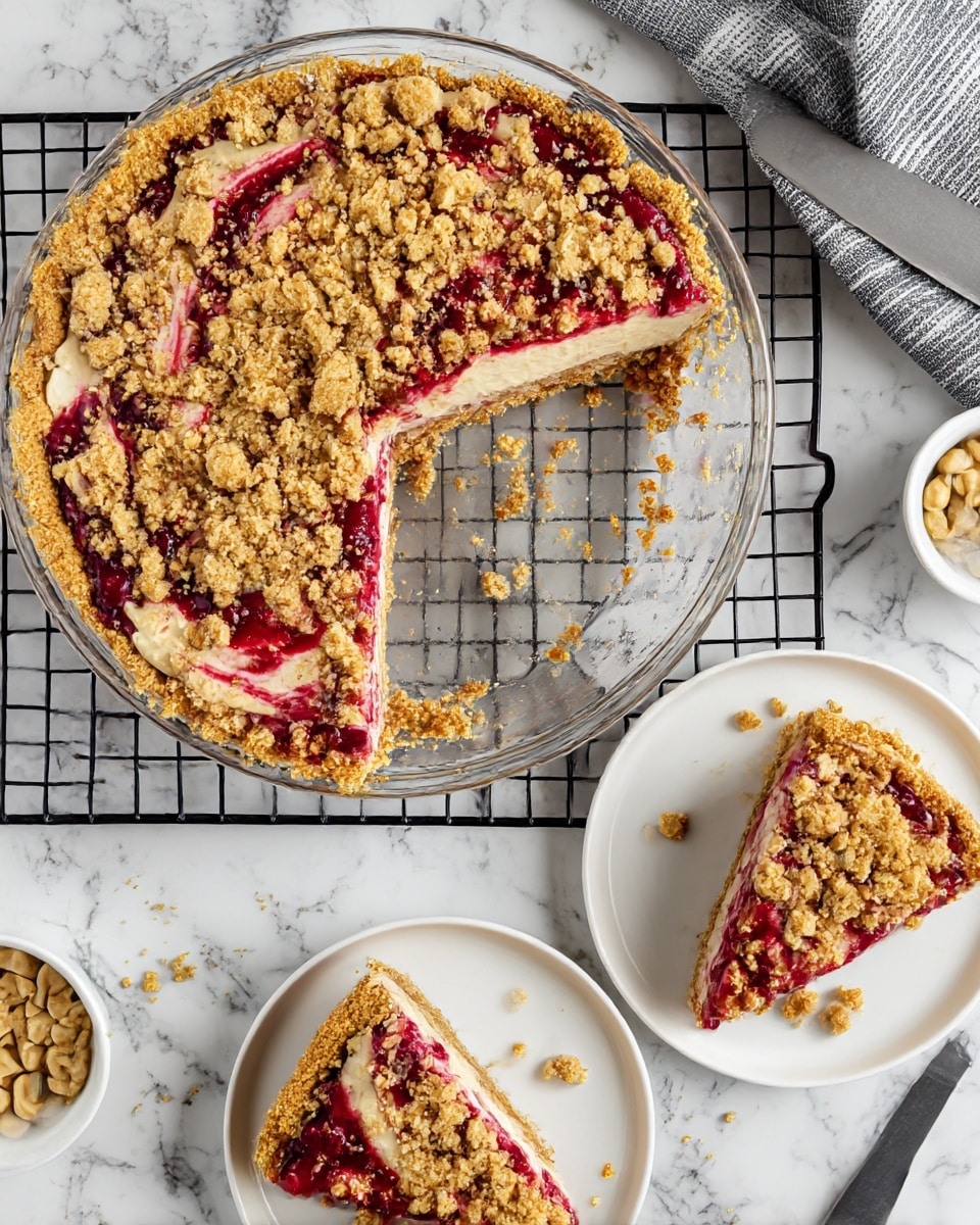 The image shows a cranberry cheesecake pie with multiple layers in a clear glass pie dish. The bottom layer is a crumbly light brown crust, followed by a creamy tan cheesecake layer swirled with bright red cranberry sauce. The top layer is an uneven golden crumb topping scattered over the pie, with one triangular slice removed and placed on a white round plate. Another white plate with a small piece of the pie is visible below, both showing crumbs scattered around. The pie dish is set on a black cooling rack atop a white marbled surface, with some peanuts in a small white bowl and a gray striped cloth with a knife nearby. Photo taken with an iphone --ar 4:5 --v 7