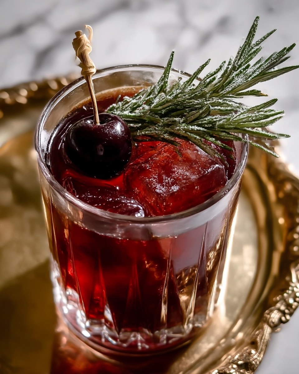 A short, clear glass with thick sides contains a dark red drink filled with irregular ice cubes floating near the top. Resting on the surface is a fresh green rosemary sprig with a light dusting of what looks like sugar or salt. Next to the rosemary, a glossy dark cherry is pierced with a small bamboo skewer with a knot at the top. The glass sits on a reflective, ornate golden tray against a white marbled surface background. The lighting highlights the texture of the liquid and the facets of the glass. photo taken with an iphone --ar 4:5 --v 7