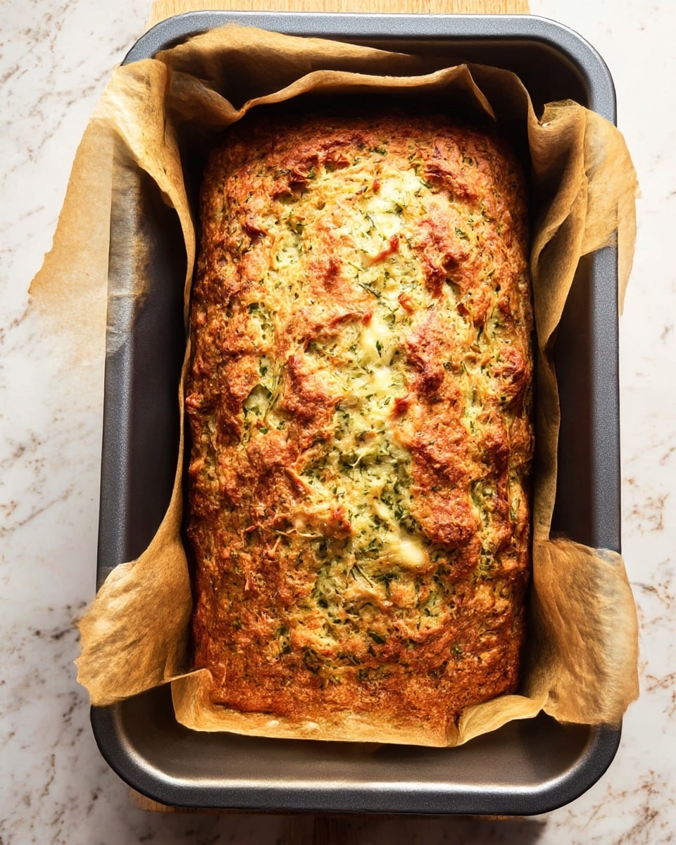 A freshly baked rectangular loaf of savory bread with a golden-brown crust sits in a dark gray baking pan lined with light brown parchment paper that curls over the edges. The crust shows a rough, textured surface with visible flecks of green herbs and melted cheese spread unevenly on top. The pan rests on a white marbled surface which softly reflects the warm colors of the bread and the pan. photo taken with an iphone --ar 4:5 --v 7