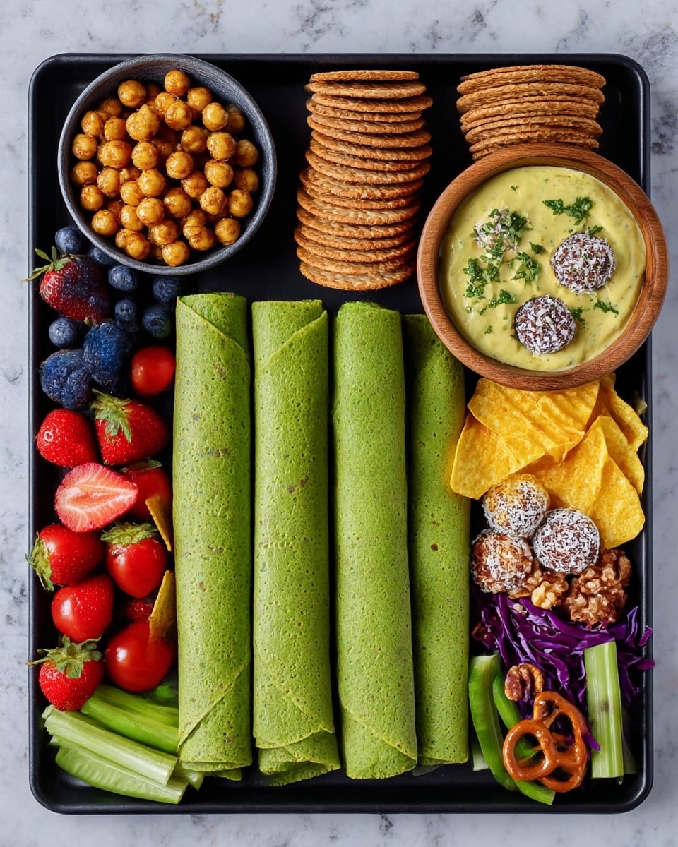 A neatly arranged square black tray sits on a white marbled surface, featuring four bright green rolled crepes lined up side by side at the center. Above the crepes, from left to right, there is a small round bowl filled with golden-brown roasted chickpeas, a neat stack of round, light brown crackers, and a row of small pretzels. To the far right, a wooden bowl holds a creamy yellow dip garnished with green herbs, with two round chocolate balls covered in white coconut flakes placed below it. Cherry tomatoes form a bright red cluster next to a mix of walnuts and hazelnuts. Below the crepes, yellow ridged potato chips fill the bottom middle, flanked on the left by crisp green sliced bell peppers and on the right by a wooden bowl of shredded purple cabbage. On the left side of the tray, fresh strawberries, some halved, sit above a pile of plump dark blueberries. Photo taken with an iphone --ar 4:5 --v 7
