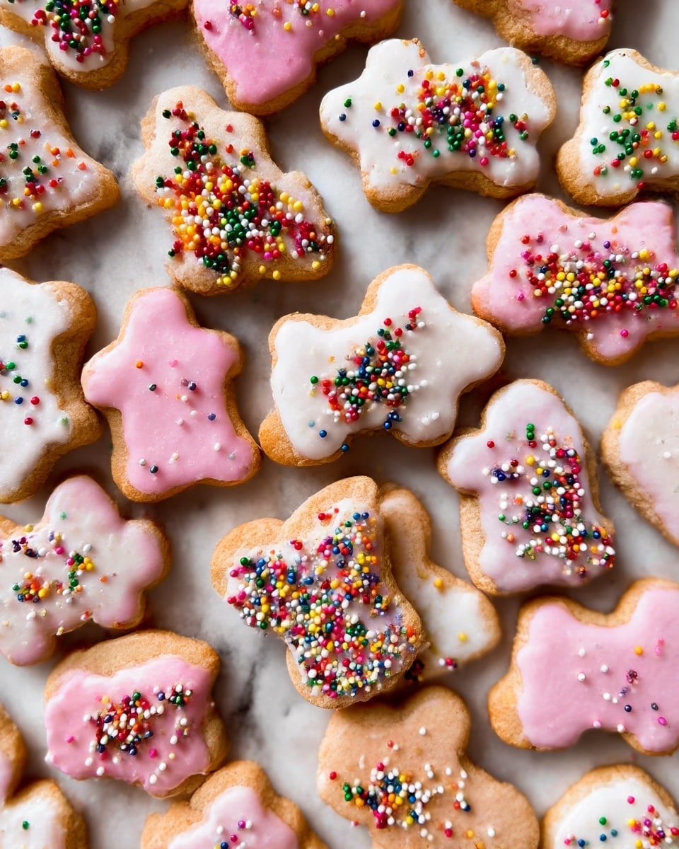 A close-up image of many small animal-shaped cookies scattered on a white marbled surface. Each cookie has two visible layers: a light brown baked base that looks soft and crumbly, and a smooth icing layer on top that is either pastel pink or white, covering most of the top side. The icing is decorated with small, round, colorful sprinkles in red, yellow, green, blue, purple, pink, and white, randomly spread over the surface. Some cookies show the light brown base without icing, adding contrast to the pastel colors. The texture appears slightly crunchy on the edges and soft in the center. photo taken with an iphone --ar 4:5 --v 7