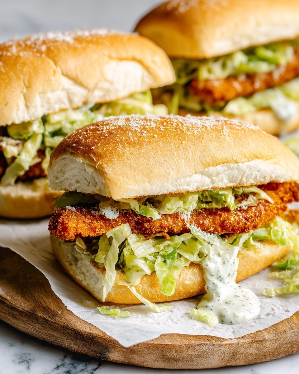 The image shows three crispy chicken sandwiches arranged on a wooden board lined with white parchment paper, all placed on a white marbled surface. Each sandwich has three visible layers: the top layer is a golden, slightly toasted sandwich roll with a soft texture; the middle layer is a crisp and crunchy breaded chicken fillet with a reddish-golden color; the bottom layer contains fresh, light green shredded lettuce mixed with a creamy white sauce, some of which spills out from the sandwich. The sandwiches are close up, focusing on the front one, with grated cheese lightly sprinkled over the chicken and lettuce, adding a hint of texture. Photo taken with an iphone --ar 4:5 --v 7