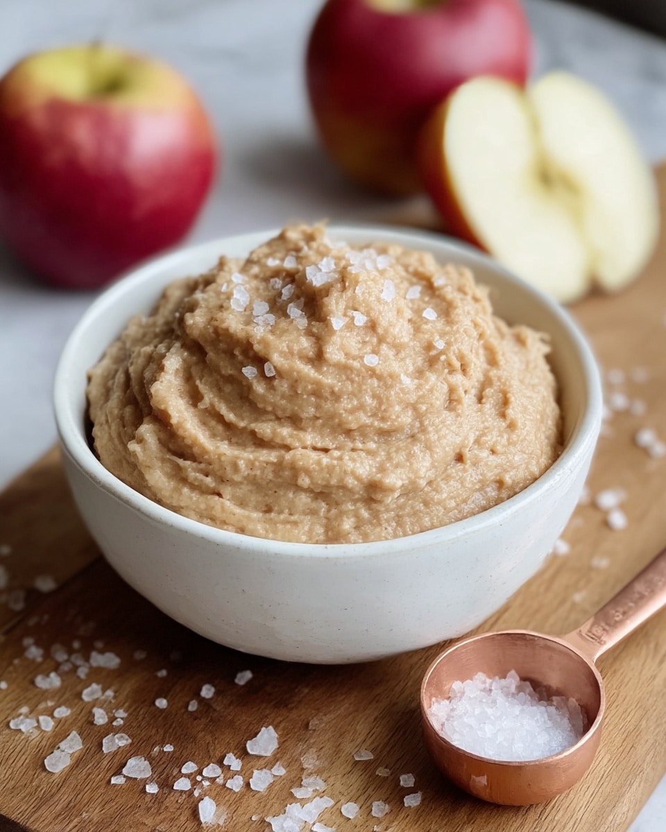 A close-up view of a white bowl filled with a thick, light brown creamy spread that has a slightly grainy texture and small salt crystals sprinkled on top. The bowl is placed on a wooden surface with larger salt crystals scattered around it. In the background, two apples, one red and one yellow, are slightly out of focus. Next to the bowl, there is a small copper measuring spoon filled with coarse salt. The photo has a calm, natural look with soft light and a white marbled texture surface. photo taken with an iphone --ar 4:5 --v 7