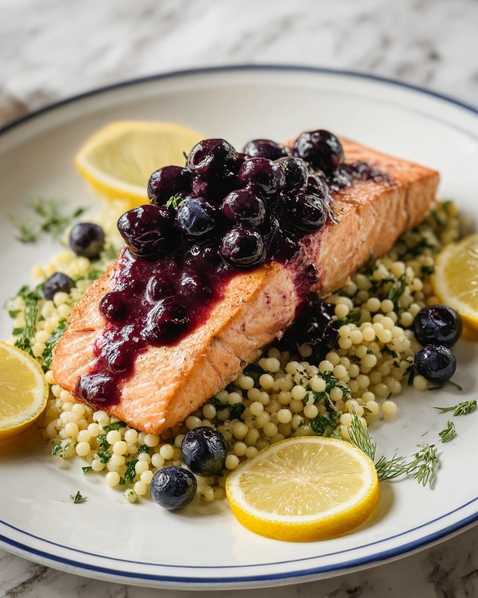 A white plate with a thin blue rim holds a dish with three main layers. The bottom layer is a bed of small, pale yellow couscous mixed with green herb leaves, forming a soft, grainy texture. On top is a thick, cooked salmon fillet with a light pink to orange color, showing mild grill marks and a moist texture. The top layer is a glossy, dark purple blueberry sauce with whole blueberries scattered across the salmon. Around the couscous are a few green herb sprigs and two lemon wedges with bright yellow skin and pale yellow flesh, placed opposite each other near the edge of the plate. The background is a white marbled texture. photo taken with an iphone --ar 4:5 --v 7