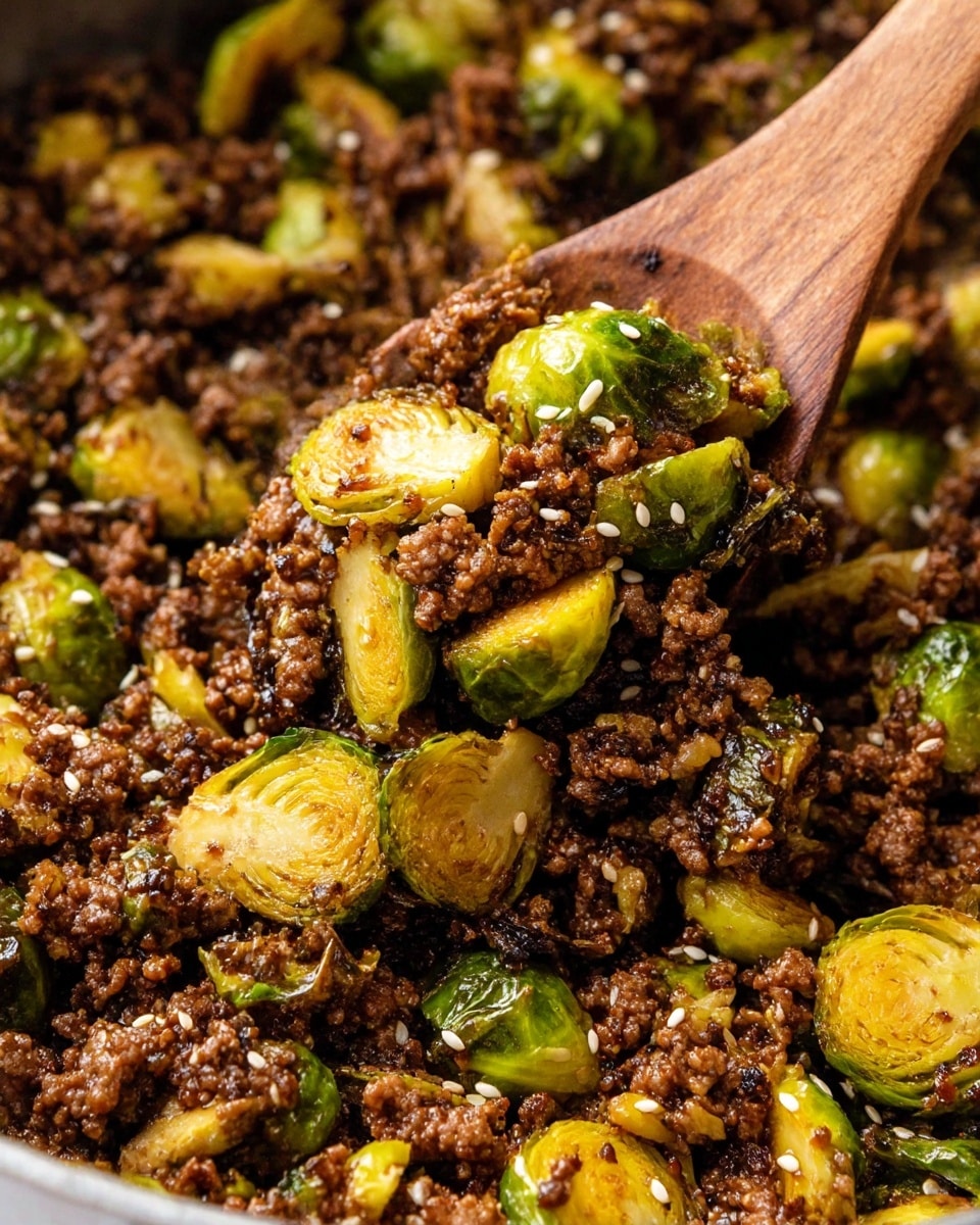 The image shows a close-up view of cooked ground meat mixed with halved and sautéed Brussels sprouts. The dish features two main textures: the soft, crumbly, dark brown ground meat and the slightly crispy, bright yellow-green Brussels sprouts with some browned edges. White sesame seeds are sprinkled evenly over the mixture, adding small white spots to the overall look. A wooden spoon is scooping a portion from the dish, lifting the meat and Brussels sprouts, highlighting the mix’s moist and slightly oily texture against the white marbled background. photo taken with an iphone --ar 4:5 --v 7