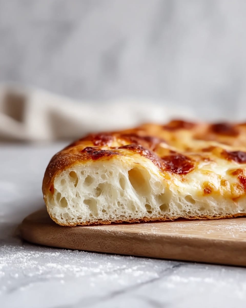 A close-up side view of a pizza slice resting on a wooden board with light dusting of flour, showing three layers: the bottom thin golden-browned crispy crust, the thick airy white dough layer with large holes visible inside, and the top melted cheese layer that is golden brown and bubbly with patches of darker browning. The background is softly blurred with a white marbled texture surface underneath. photo taken with an iphone --ar 4:5 --v 7