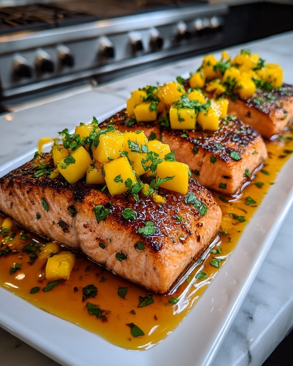 Three thick salmon fillets with a slightly charred, golden-brown crust are arranged in a row on a white rectangular plate. Each fillet is topped with bright yellow mango cubes and sprinkled with fresh green chopped herbs. A glossy, amber-colored sauce pools around the base of the fillets, some sauce spilling over to the sides of the plate. The salmon’s pink flesh contrasts with the vibrant yellow and green toppings, creating a fresh and appetizing look. The background has a white marbled texture and a blurred kitchen stove is visible behind. Photo taken with an iphone --ar 4:5 --v 7