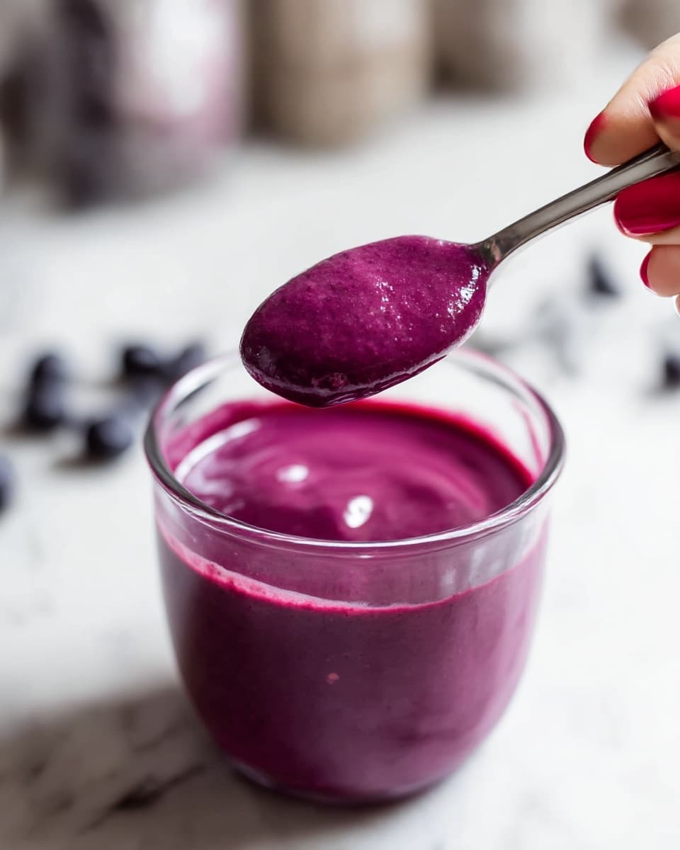 The image shows a small glass bowl filled with a thick, glossy purple smoothie or cream. A spoon is lifting some of the mixture, showing its smooth texture and slightly shiny surface. The rich purple color is consistent throughout, hinting at a berry-based mixture. A woman's hand with red nail polish holds the spoon, and the bowl is placed on a white marbled surface with blurred objects, including dark blueberries, in the background. photo taken with an iphone --ar 4:5 --v 7