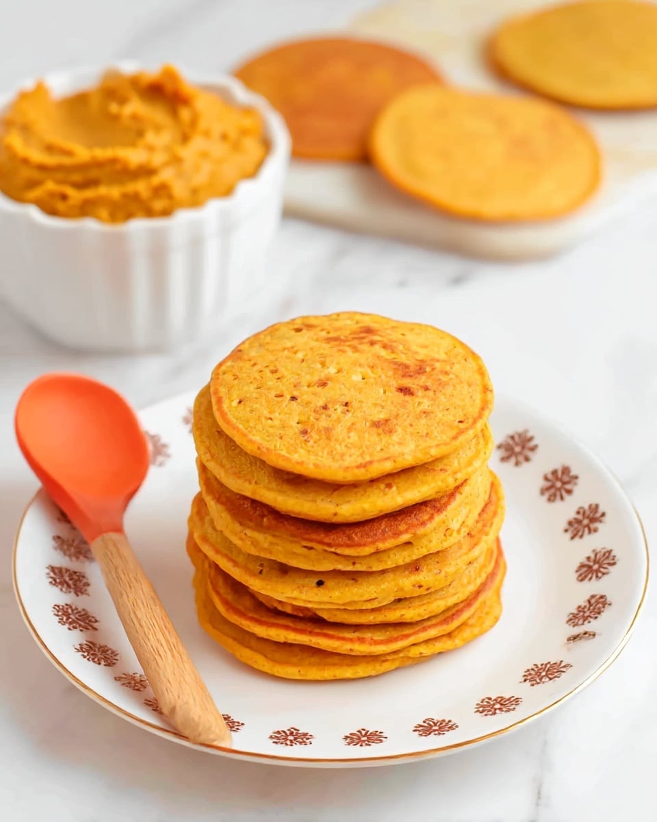 A stack of seven small, round, golden-orange pancakes with a slightly speckled and fluffy texture sits in the center of a white plate decorated with small brown flower-like patterns. Behind the stack, a white bowl filled with thick, orange spread is slightly blurred in the background. To the left of the stack, an orange spoon with a wooden handle rests on the plate, and further back, three more pancakes are laid flat on the white marbled surface. The overall color theme is warm orange tones against the clean white and marbled background. photo taken with an iphone --ar 4:5 --v 7