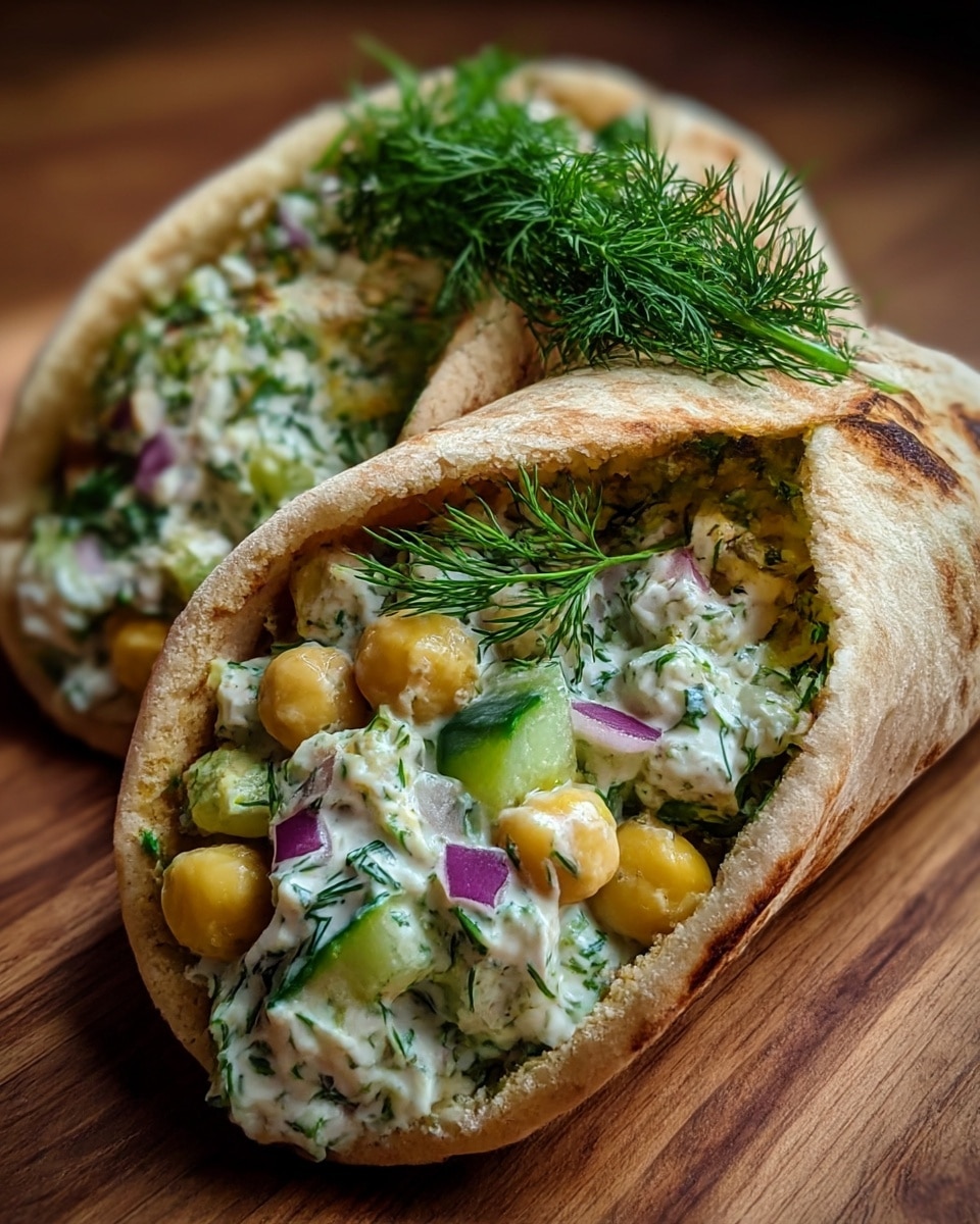 Two pita pockets sit on a wooden surface, each filled with layers of creamy white sauce mixed with green herbs, chunks of light green cucumber, small golden chickpeas, and bits of purple onion. The pita bread is light brown with darker toasted spots, soft and slightly thick, folding over the fresh, colorful filling. A small bunch of fresh dark green dill rests on top of the filling, adding a touch of brightness and texture. photo taken with an iphone --ar 4:5 --v 7