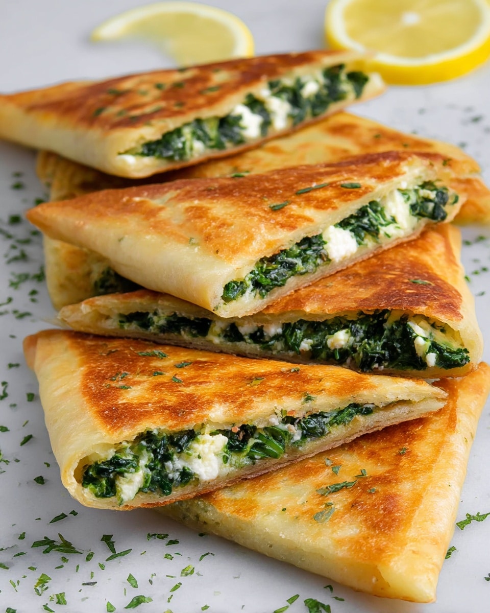 The image shows several triangular pieces of folded flatbread with a golden brown, slightly crispy outer layer. Each triangle has two layers of soft, pale dough that sandwich a green filling made of chopped leafy greens mixed with crumbled white cheese. The flatbreads are placed on a white marbled surface with small green herb sprinkles scattered on them. In the background, thin lemon slices add a touch of yellow color to the scene. photo taken with an iphone --ar 4:5 --v 7