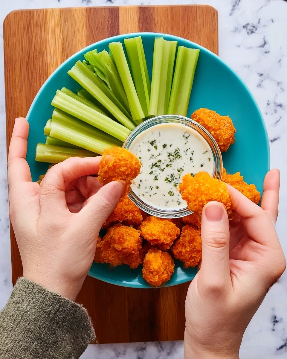 The image shows a white plate with a stack of orange, crispy buffalo cauliflower bites in the center, each piece coated in a crunchy textured sauce. To the right side of the plate are several green celery sticks, fresh and crunchy looking. On the left side of the plate is a small clear glass bowl filled with a creamy white ranch dip sprinkled with green herbs. The plate is set on a wooden surface, and a blurry bowl with more buffalo cauliflower bites is visible in the background, creating depth. photo taken with an iphone --ar 4:5 --v 7