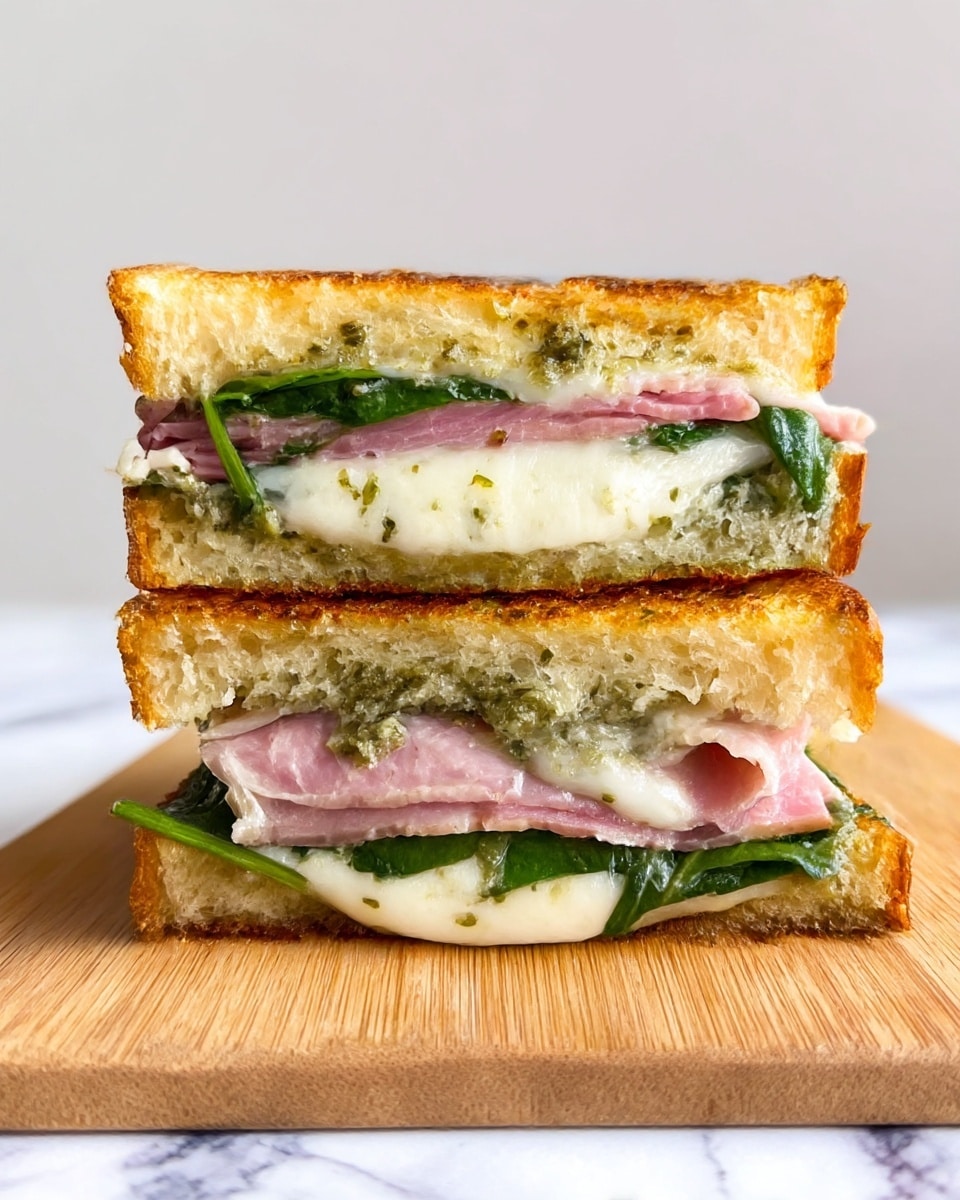 A close-up of a sandwich cut in half, stacked one half on top of the other on a wooden board with a white marbled surface below. Each sandwich half has three main layers inside: the top and bottom are thick, golden-brown toasted bread with a crunchy texture; the middle layers include melted white cheese with a smooth, creamy look, green leafy spinach scattered inside, and thin slices of pink ham. The cheese has some green pesto spread on top, adding small specks of dark green throughout. photo taken with an iphone --ar 4:5 --v 7