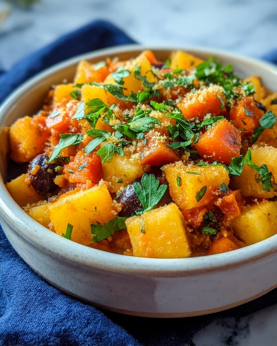 A close-up of a dish in a white bowl showing a colorful mix of diced yellow potatoes and orange carrots cooked in a sauce, with small dark bits likely olives or spices, topped with chopped fresh green parsley and sprinkled with crumbly light pieces. The bowl is placed on a dark blue cloth, all set on a white marbled surface. The food appears moist with a soft texture, and the colors are vibrant with a rustic feel. photo taken with an iphone --ar 4:5 --v 7