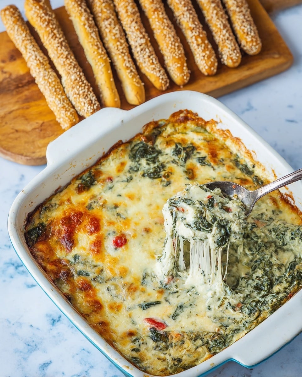 A white ceramic square baking dish filled with creamy spinach dip baked to a golden brown on top. The dip shows a mix of soft, melted cheese layers with cooked green spinach leaves visible throughout, and small bits of red, possibly tomato or pepper, scattered inside. One corner of the dish has a spoon scooping out a thick, gooey portion of the dip, revealing the creamy texture beneath the browned cheese layer. In the background on a wooden board are several breadsticks covered with sesame seeds, arranged in neat rows. The scene is set on a white marbled surface. Photo taken with an iphone --ar 4:5 --v 7