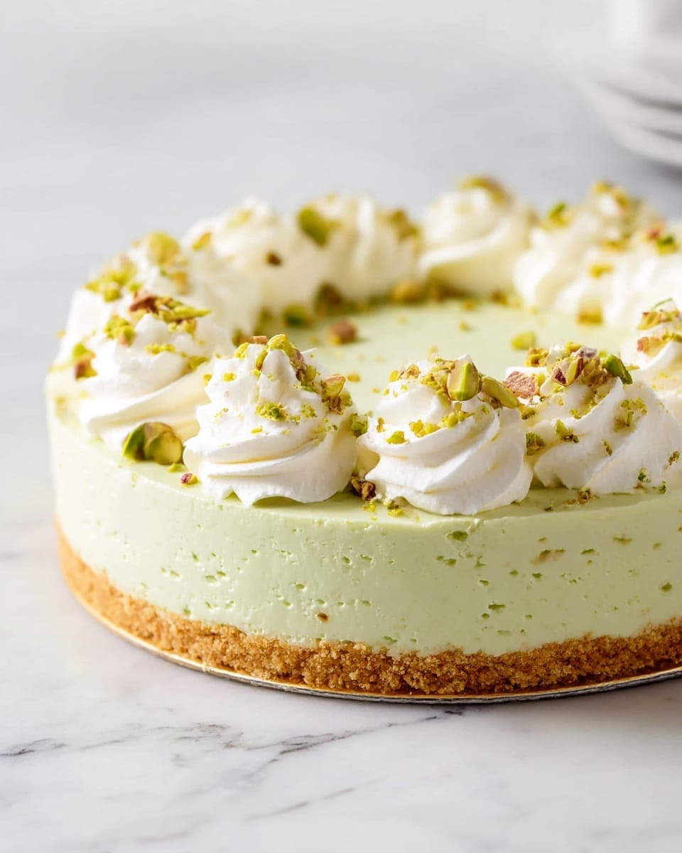 A round cheesecake with three visible layers rests on a white marbled surface; the bottom layer is a thin, golden-brown crumb crust, the middle and thickest layer is a smooth, light green filling, topped with eight swirls of white whipped cream arranged evenly around the edge, each swirl sprinkled with small pieces of green and light brown nuts, likely pistachios. photo taken with an iphone --ar 4:5 --v 7