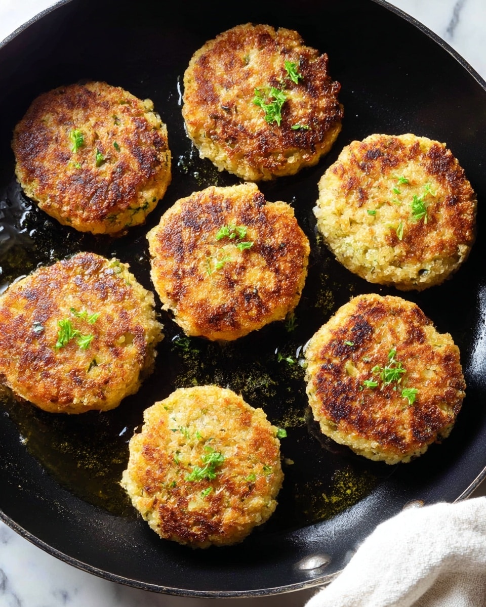 Six golden brown patties with a crispy texture on top sit inside a black pan. The patties have a crumbly surface with small green herb pieces sprinkled on them, adding a fresh touch. The pan shows some oil glistening around the patties, hinting they were pan-fried. A white cloth is slightly visible at the bottom right corner. The background is a white marbled texture. photo taken with an iphone --ar 4:5 --v 7