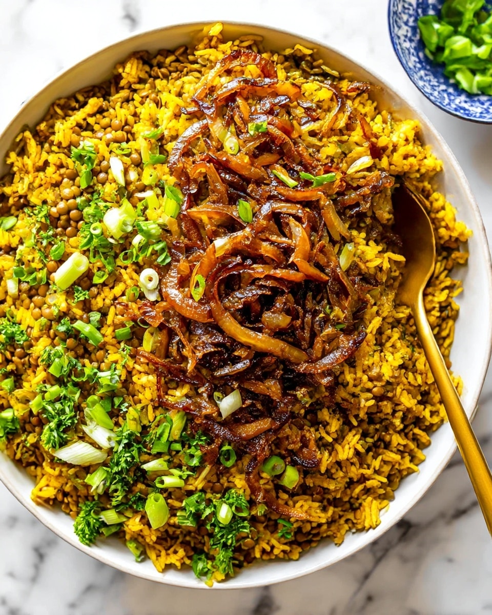 The image shows a white plate with a layered dish consisting of cooked brown lentils and yellow rice mixed together, creating a textured, warm golden-brown base layer. On top, there are soft, slightly translucent pieces of caramelized onions in a light brown color, scattered among the lentils and rice. Bright green chopped scallions and herbs are spread over the top, adding a fresh pop of color. A lemon wedge sits near the top right of the plate. Around the edge of the plate, there are small drops of oil and scattered spices. A silver fork rests on the right side of the plate and the plate is placed on a white marbled surface. Photo taken with an iphone --ar 4:5 --v 7