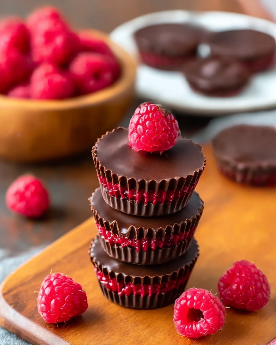 A white plate holds six stacked chocolate cups with three layers each: a smooth, shiny dark brown chocolate top, a middle layer of bright red raspberries visible through the cup liner, and a textured dark brown chocolate base forming the cup shape. The cups are arranged with some stacked two high and some standing alone. Around the plate edge and on the white marbled surface underneath, fresh bright red raspberries add vibrant color. A wooden bowl filled with more raspberries is blurred in the background. photo taken with an iphone --ar 4:5 --v 7