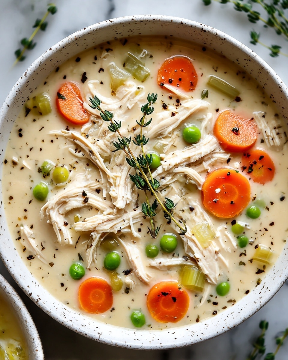 A white speckled bowl filled with creamy chicken soup showing three main layers: the broth is a smooth light beige with small black pepper dots, the chicken pieces are shredded and white, scattered evenly through the bowl, and the vegetables include bright orange round carrot slices, light green celery chunks, and small fresh green peas. On top, a few sprigs of fresh thyme with green leaves rest in the center, adding a natural touch. The bowl is set on a white marbled surface with a few blurred thyme sprigs in the background. Photo taken with an iphone --ar 4:5 --v 7