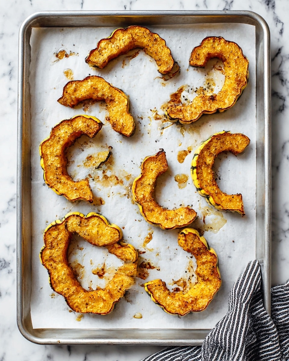 The image shows a metal baking tray lined with white parchment paper and seven roasted slices of delicata squash arranged in a loose circular pattern, with some slices touching and others spaced apart. Each slice is golden brown with crisp, slightly darker edges and a bumpy texture on the surface from seasonings and roasting. There are small flecks of black pepper and herbs scattered across the squash and tray, with some caramelized bits stuck to the parchment. The tray sits on a white marbled surface, with a striped black and white cloth partially visible at the bottom right corner. photo taken with an iphone --ar 4:5 --v 7