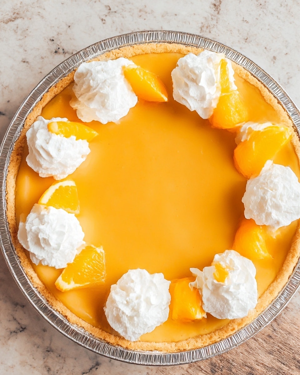 The image shows a bright orange pie with a smooth, glossy surface as the top layer, held by a light golden crust around the edge. On top, there are eight evenly spaced dollops of white whipped cream, each one paired with a small triangular slice of orange fruit placed at the edge of the whipped cream, creating a ring around the pie. The pie is in a round, shiny silver aluminum pie dish sitting on a white marbled textured surface. Photo taken with an iphone --ar 4:5 --v 7