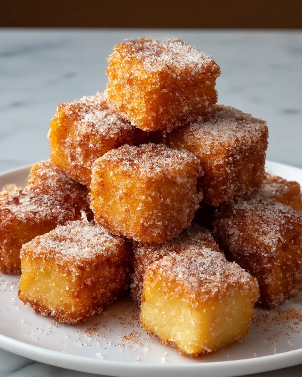 A white plate holds a pile of about ten golden-brown fried cubes stacked in a small pyramid. Each cube is thickly coated in a layer of sparkling white sugar mixed with a fine dusting of cinnamon, giving them a textured appearance with some sugar crystals catching the light. The cubes have a crispy, slightly rough surface from frying, while the inside edges appear soft and pale yellow. The plate rests on a white marbled surface that contrasts with the warm tones of the fried cubes. photo taken with an iphone --ar 4:5 --v 7