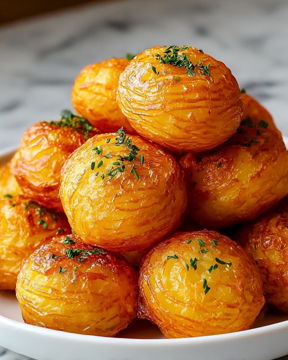 A white bowl is filled with a pile of golden-brown crispy potato puffs, each puff showing a textured surface with fine lines and slight charring, giving a crunchy appearance. The puffs are round and slightly irregular in shape, stacked in layers with some resting on top of others, and each is sprinkled with small pieces of fresh green herbs. The background has a white marbled texture that contrasts softly with the warm colors of the puffs, highlighting their crispy edges and fluffy interior. photo taken with an iphone --ar 4:5 --v 7