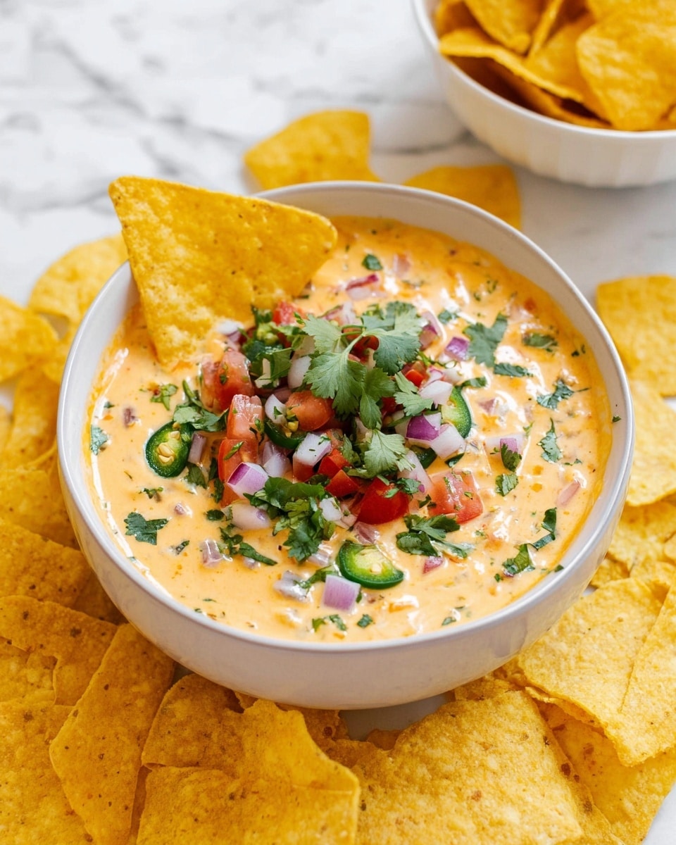 A white bowl filled with creamy light orange cheese dip topped with a mix of small chopped vegetables including red tomatoes, light purple onions, green jalapenos, and fresh green cilantro leaves. Two yellow triangular tortilla chips are placed standing inside the dip on the left side. Surrounding the bowl are many yellow tortilla chips scattered on a white marbled surface. In the background, there is a white bowl filled with more yellow tortilla chips. photo taken with an iphone --ar 4:5 --v 7