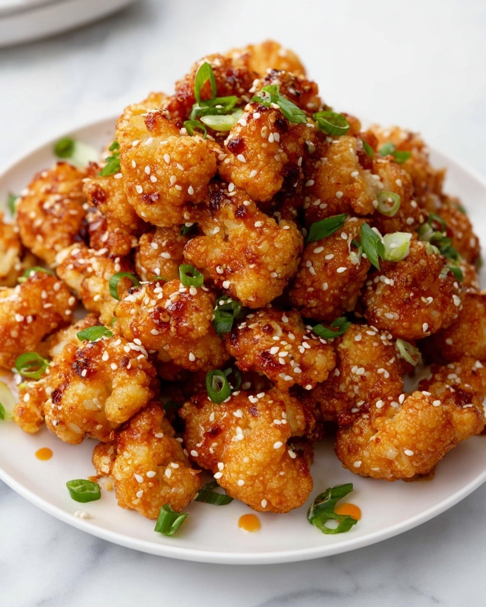 A white plate piled high with golden brown, crispy cauliflower pieces coated in a shiny sauce, each piece sprinkled with white sesame seeds and scattered chopped green onions on top and around. The cauliflower texture looks crunchy and well-fried, with some pieces showing slight reddish-brown caramelized spots. The plate is set against a white marbled surface that adds a clean and bright background. photo taken with an iphone --ar 4:5 --v 7