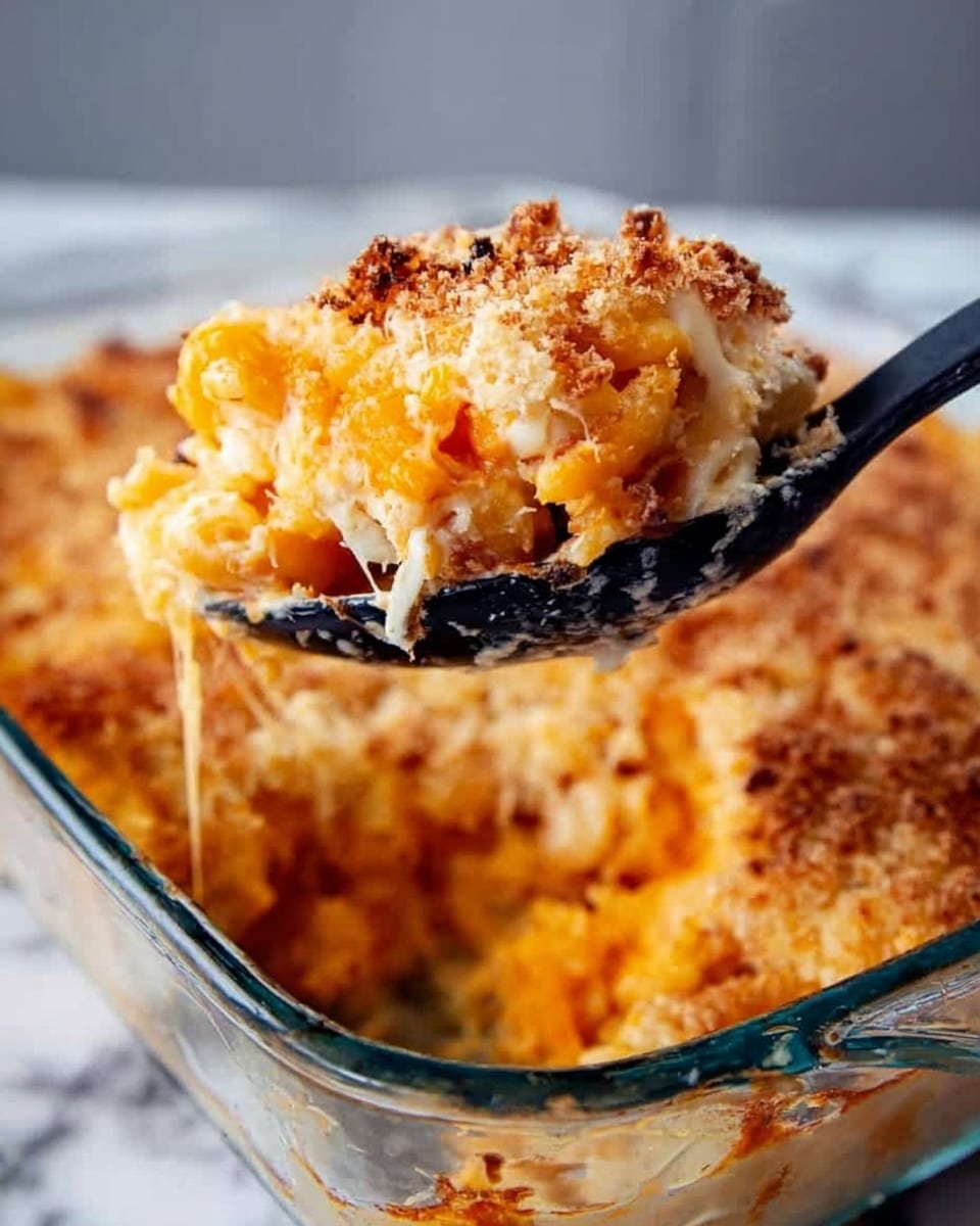 The image shows a close-up of a glass baking dish filled with baked macaroni and cheese. The dish has multiple layers: the top layer is golden brown and crispy with a crumbly texture, showing some melted cheese. Underneath this, there is a rich, creamy layer of melted orange and white cheeses mixed with pasta. The black spoon lifts a portion from the dish, showing gooey melted cheese stretching from the spoon to the dish. The dish rests on a surface with a white marbled texture. photo taken with an iphone --ar 4:5 --v 7